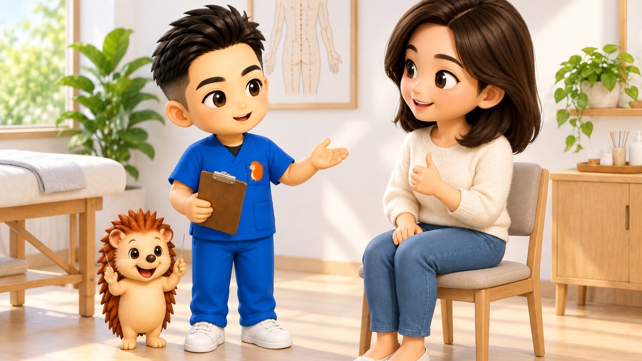患者さんに次回の来院をすすめる院長とハリーちゃん