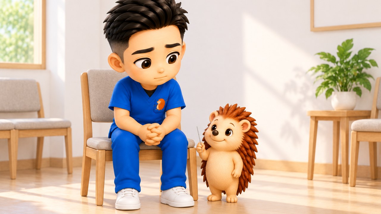 誰もいない待合室で考え込む院長とハリーちゃん