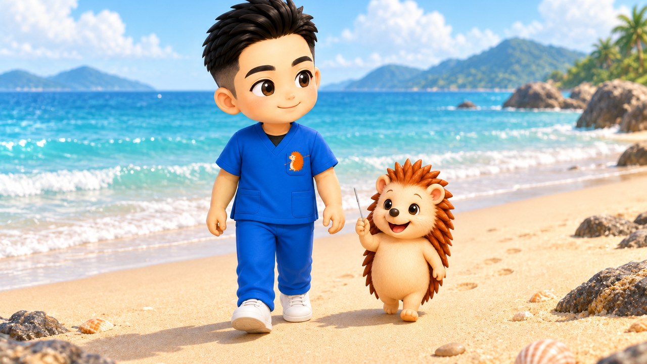 休みの日に海辺を歩く院長とハリーちゃん