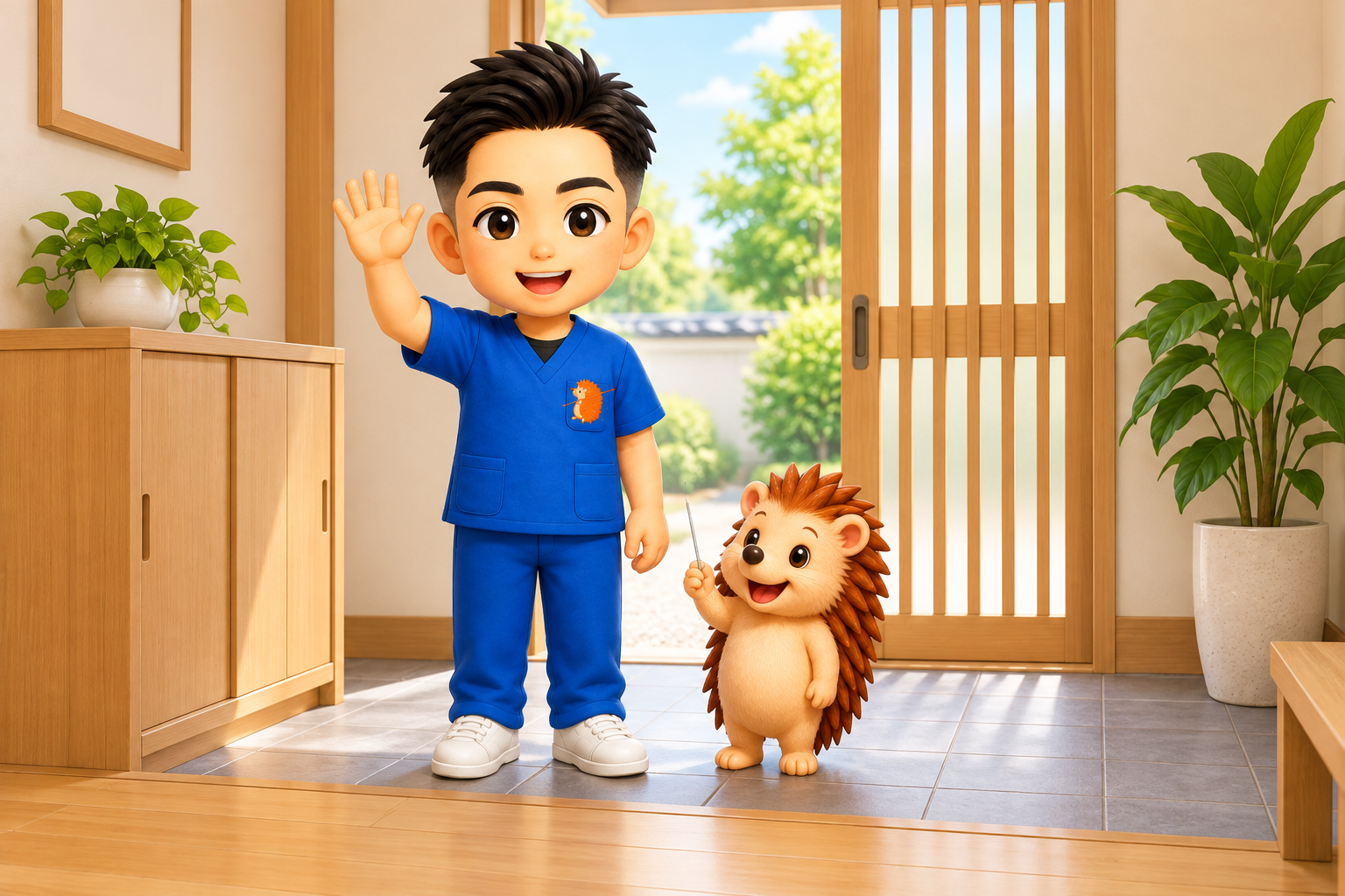 院の戸口で外に手を振って見送る院長とハリーちゃん