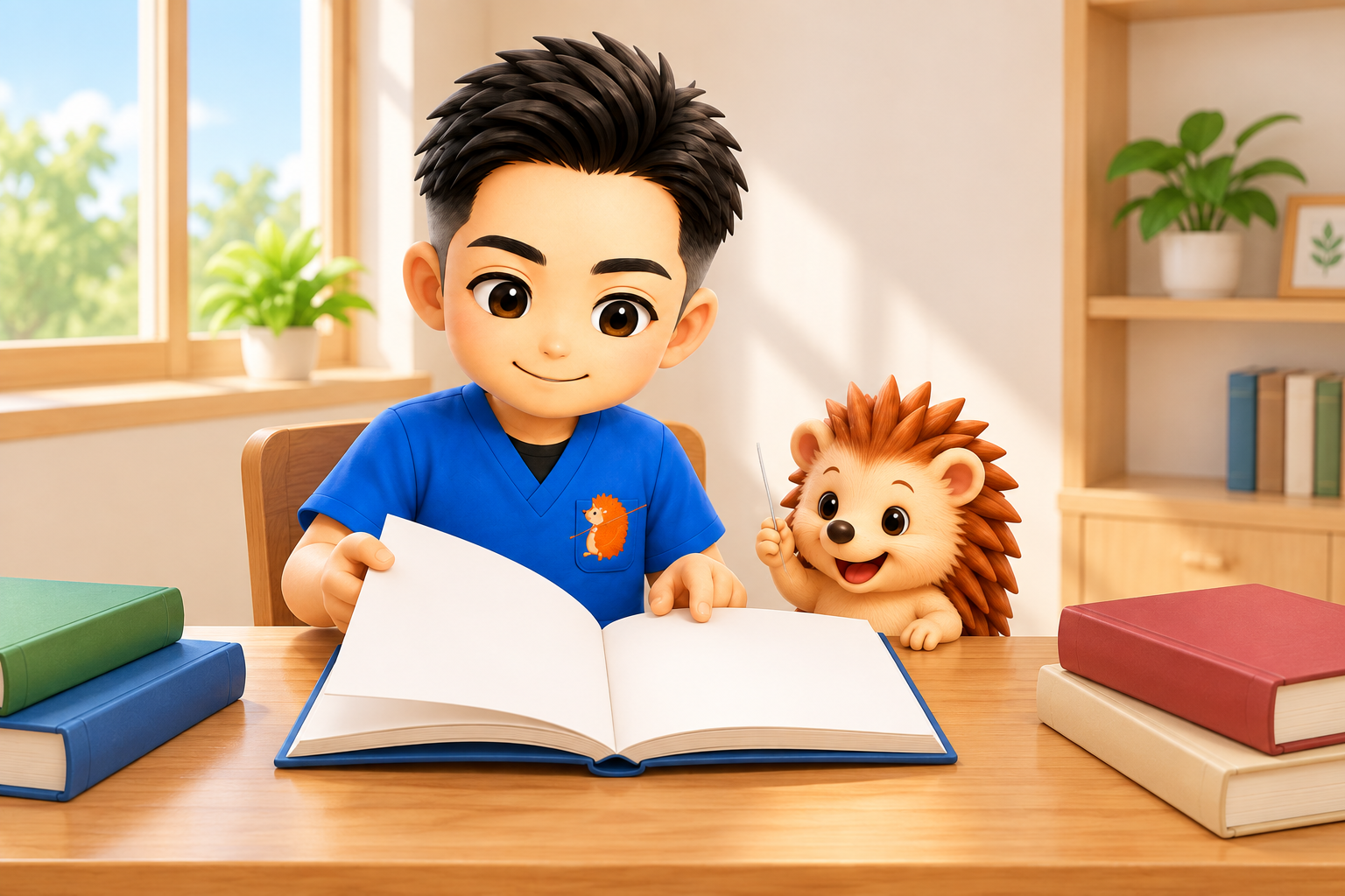 無地の本を開いて読む院長とハリーちゃん
