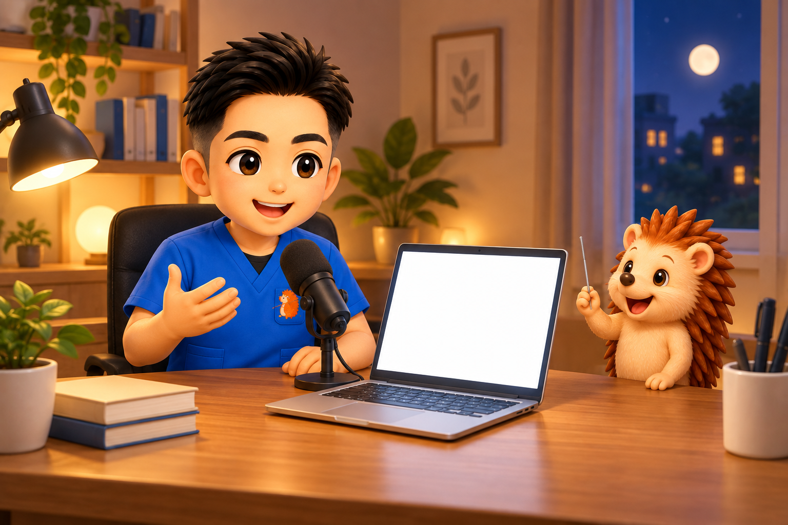 マイクとノートパソコンの前で収録する院長