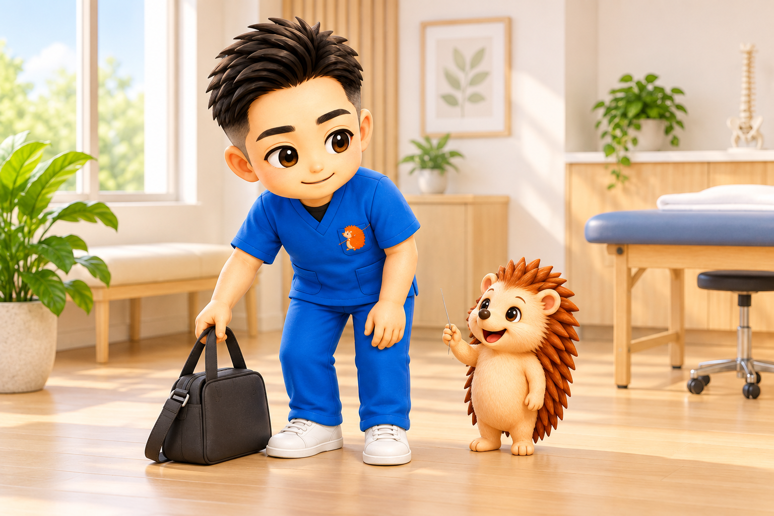 肩のバッグを下ろして床に置こうとする院長