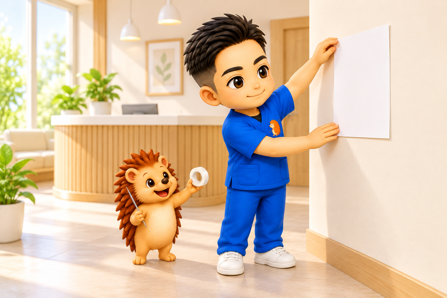 完全に無地の紙を壁に貼る院長とハリーちゃん