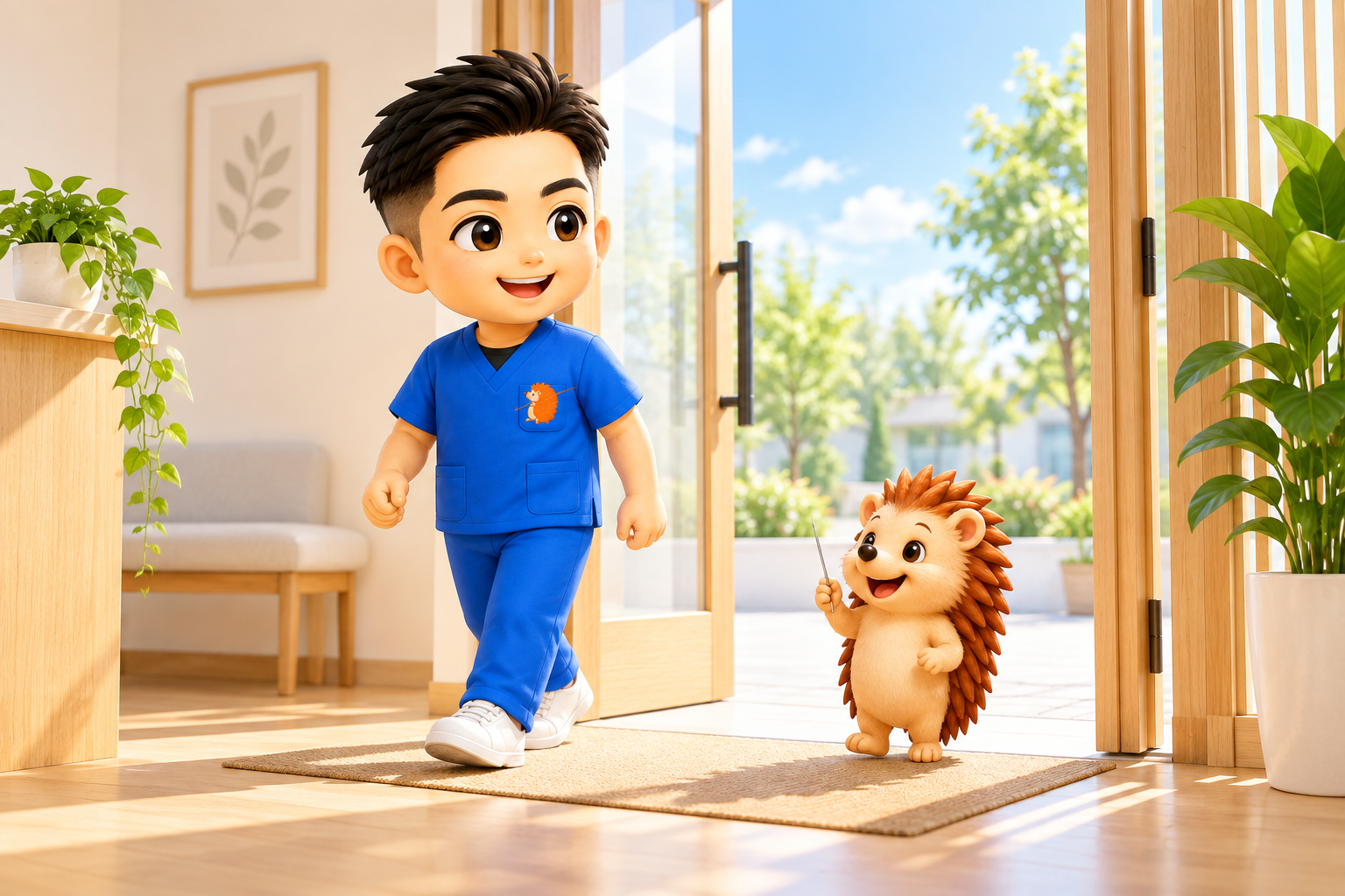 院の玄関で明るい外へ一歩踏み出す院長とハリーちゃん