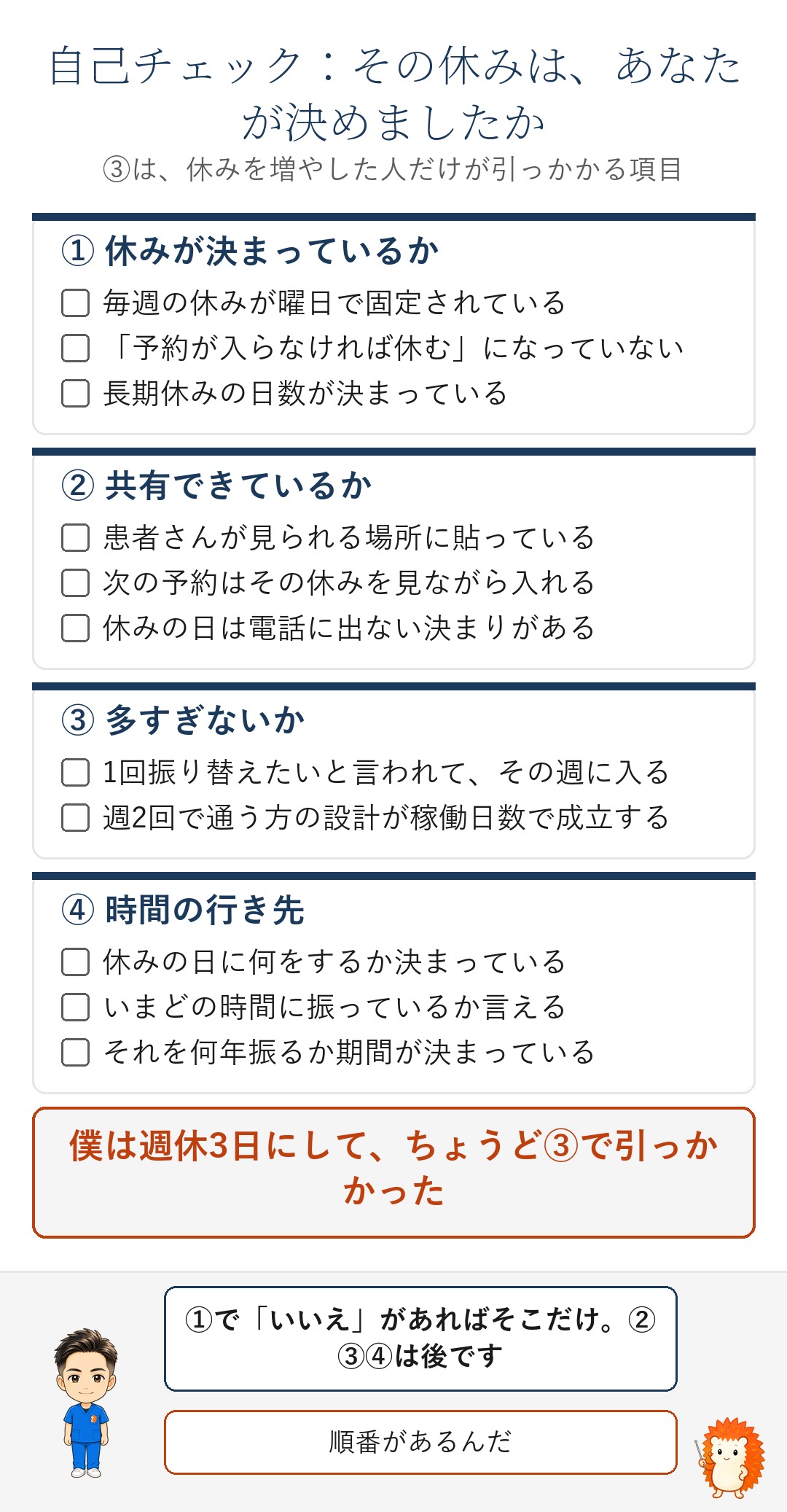 自己チェック。決まっているか・共有できているか・多すぎないか・行き先