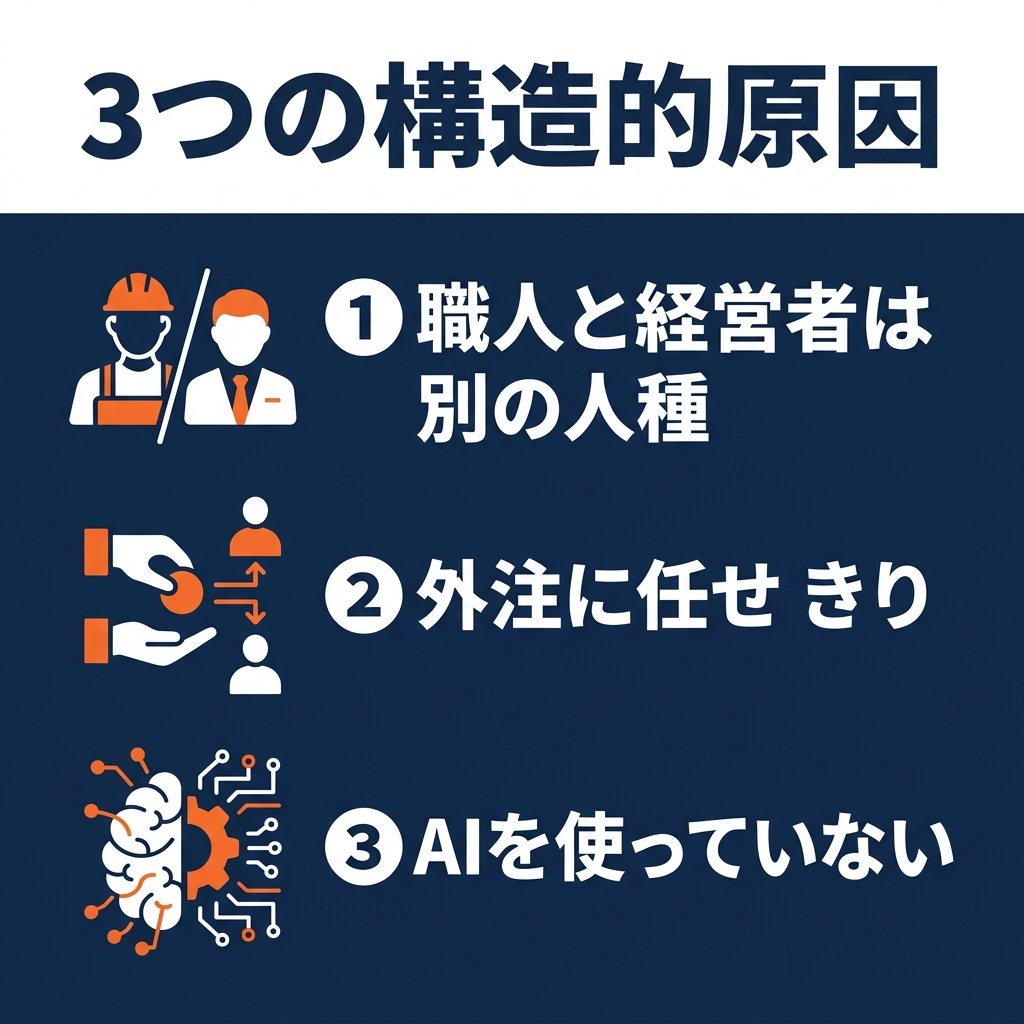 3つの構造的原因：職人と経営者は別の人種・外注に任せっきり・AIを使っていない