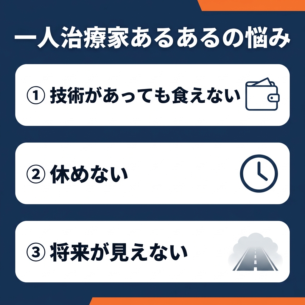 一人治療家あるあるの悩み：技術があっても食えない・休めない・将来が見えない