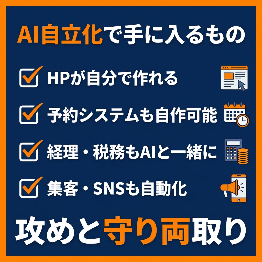 AI自立化で手に入るもの：HP自作・予約システム自作・経理税務サポート・集客SNS自動化
