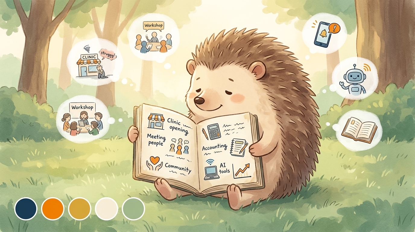ハリーちゃんが12年のマーケティング実践メモを読み返している様子