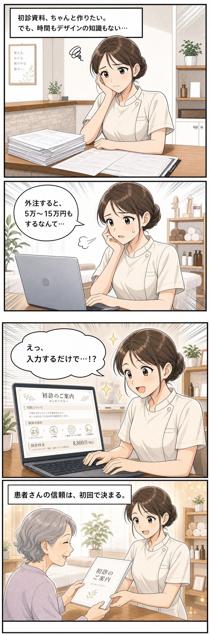初診資料を作りたいけど時間もデザインもない…AIテンプレで解決する治療家の漫画