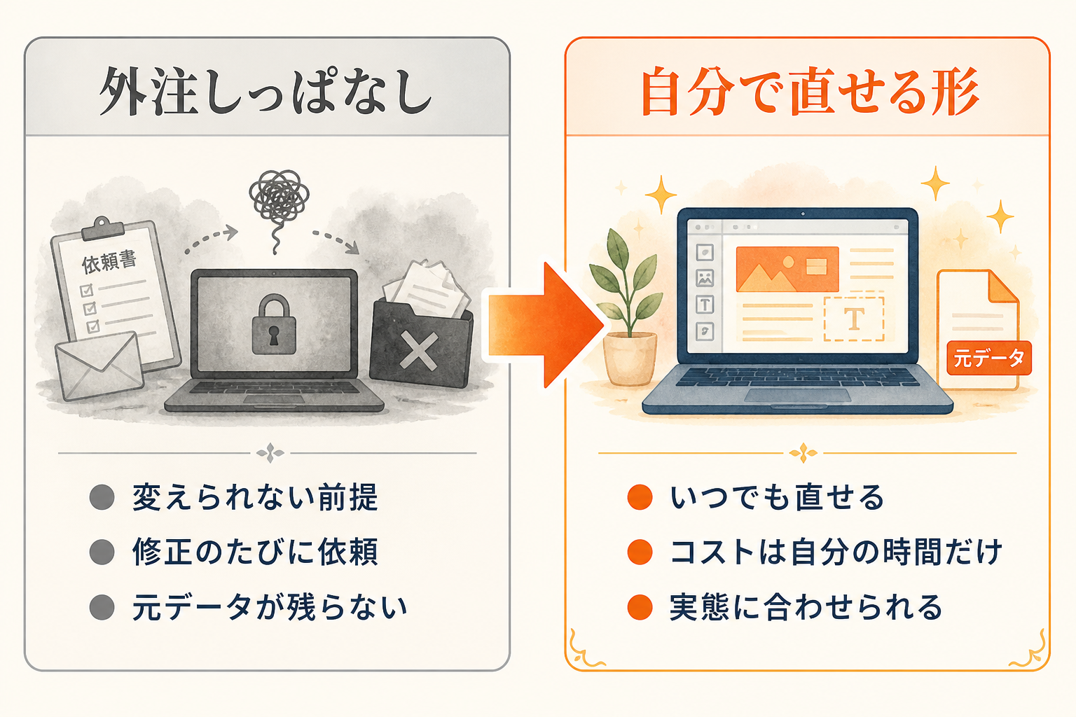 外注しっぱなしと、自分で直せる形の比較