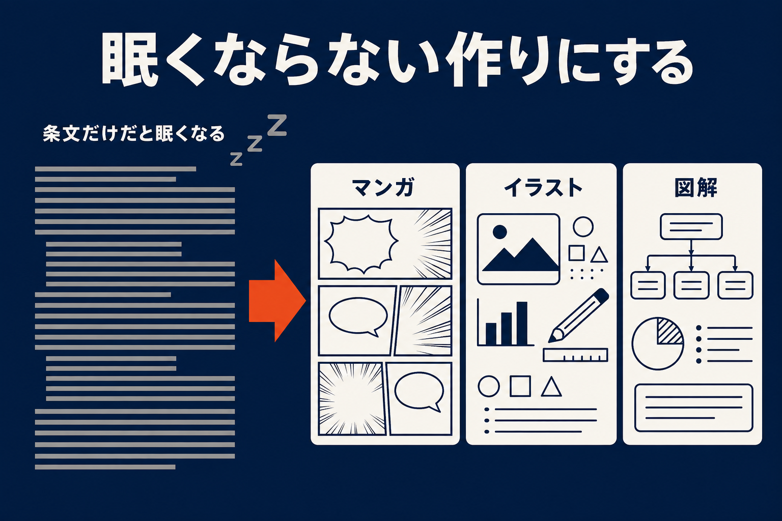 法律の条文は眠くなる。だから漫画・イラスト・図で、繰り返し見られる形にする