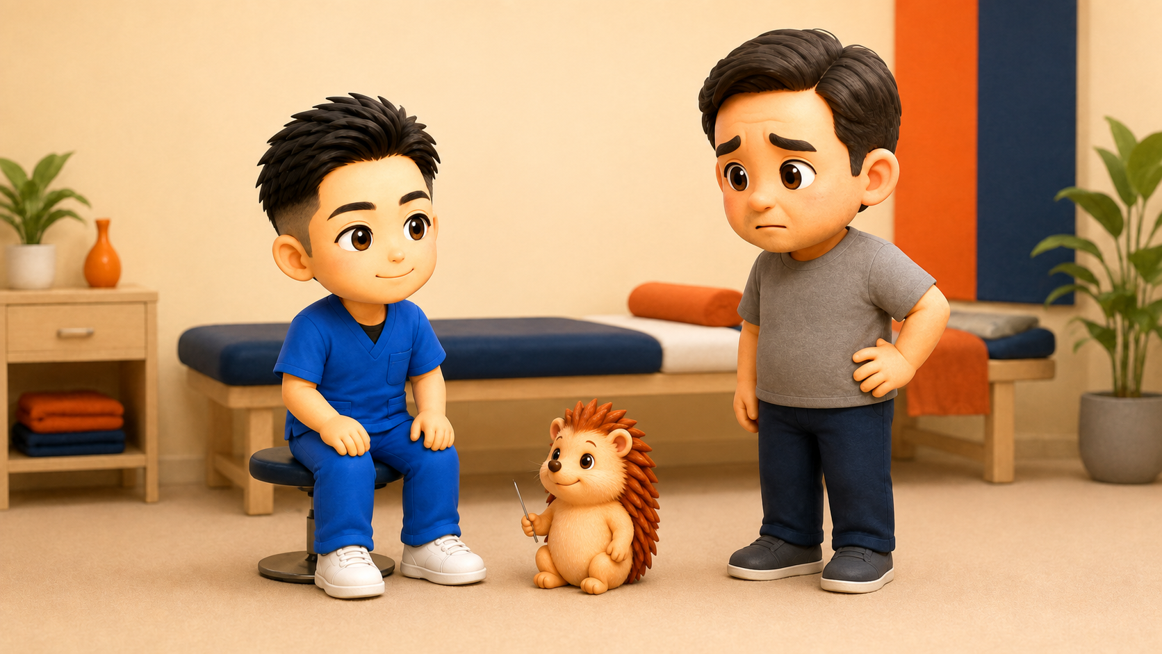 施術室で、ちび院長が前かがみになって患者さんの話を聞いている