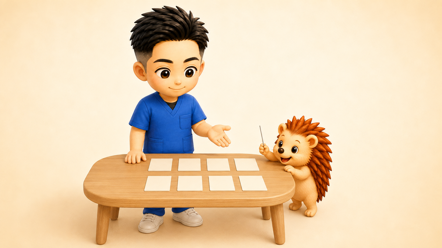 無地のカードを並べて説明する院長とハリーちゃん