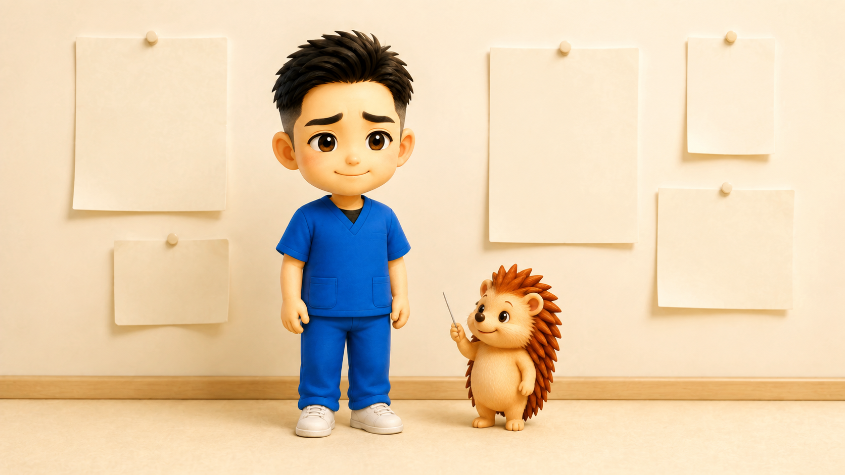 壁に貼られた無地の紙の前で苦笑いする院長とハリーちゃん