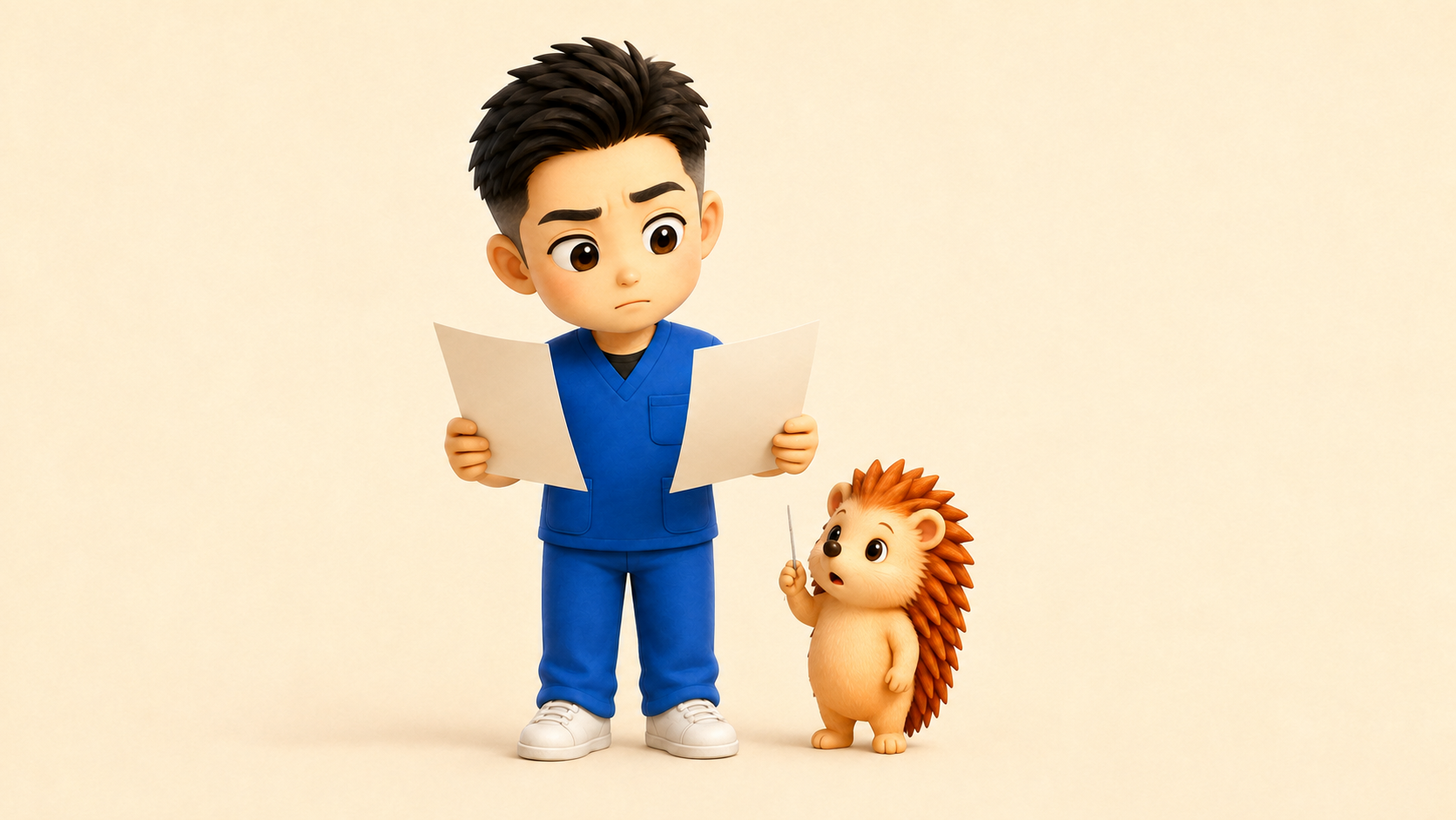 無地の書類を2枚見比べて眉を寄せる院長とハリーちゃん