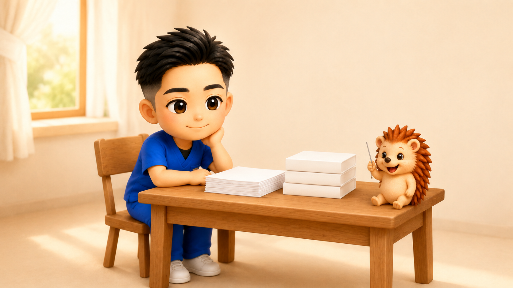 机の上に原稿と本が積み上がり、ちび院長がうれしそうに眺めている