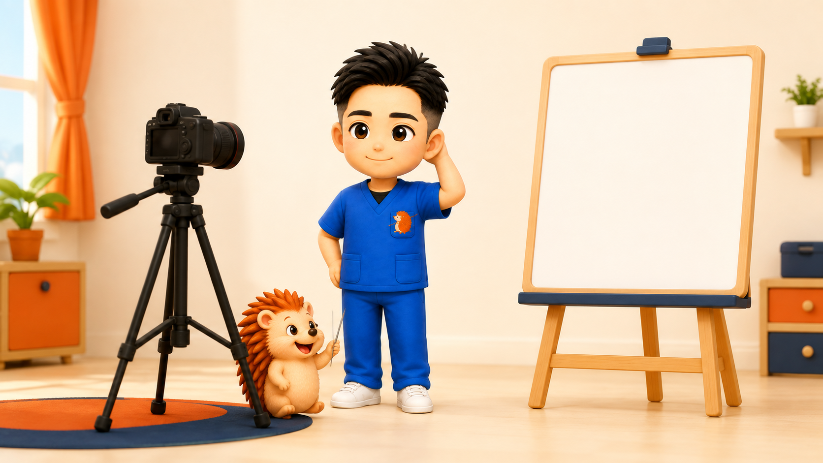 次の本の表紙を考えているちび院長と、隣で見上げているハリーちゃん