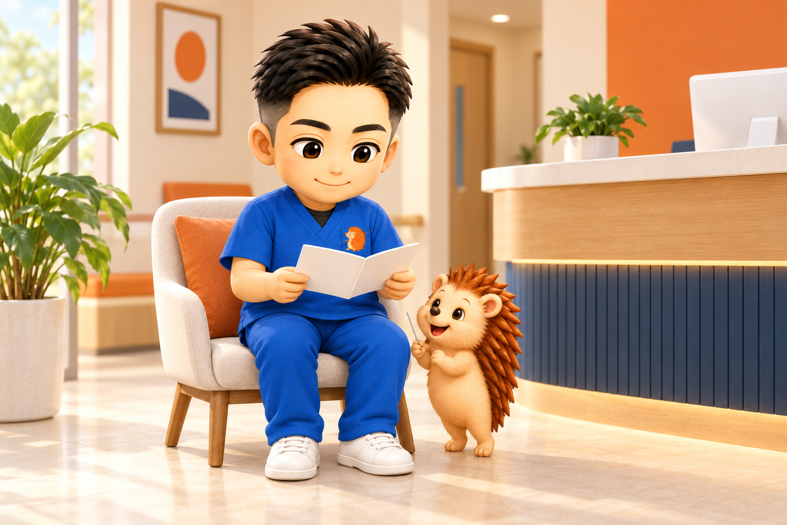 通帳を見てほっとしているちび院長と、足元からのぞきこむハリーちゃん