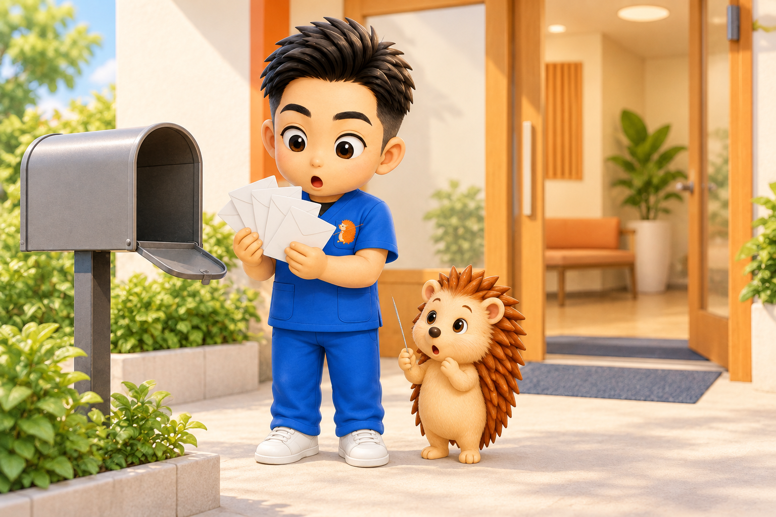 郵便受けのそばで、何通もの封筒を手に驚いているちび院長とハリーちゃん