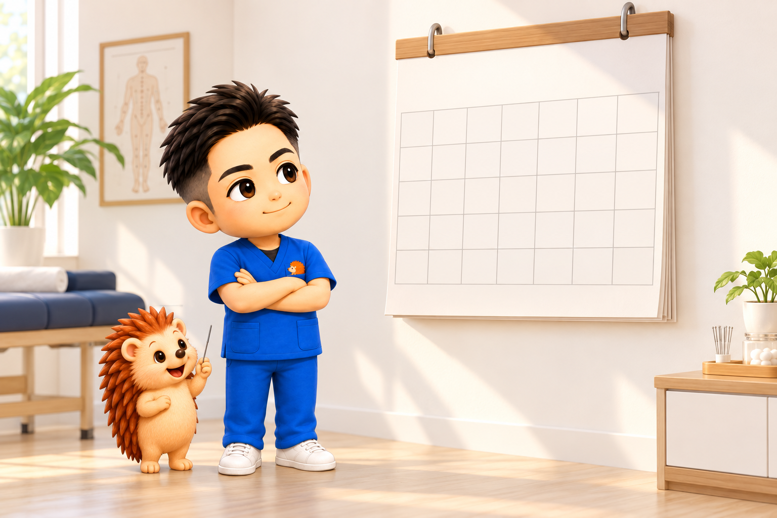 壁のカレンダーを腕組みして見上げているちび院長と、隣に立つハリーちゃん