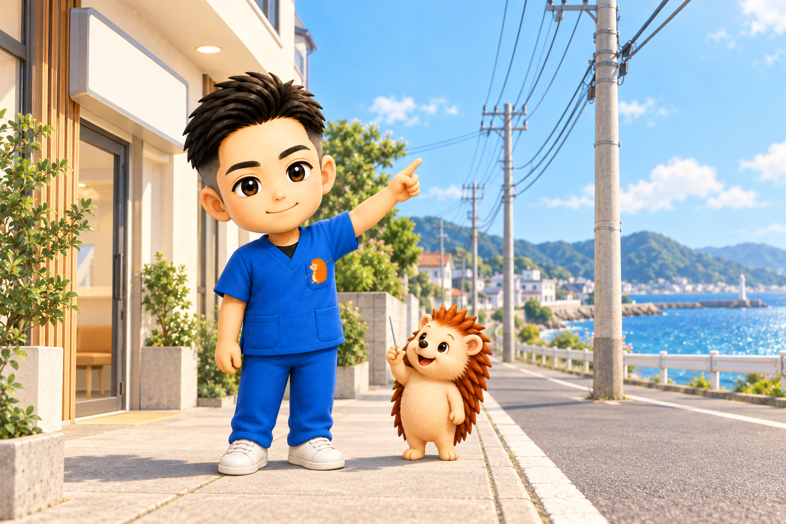 治療院の前の歩道で電柱から伸びる電線を指さして説明するちび院長と、足元で電線を見上げるハリーちゃん