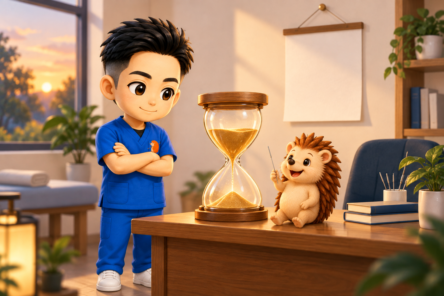 机の上の砂時計を腕組みして見ているちび院長と、机の端でうなずくハリーちゃん