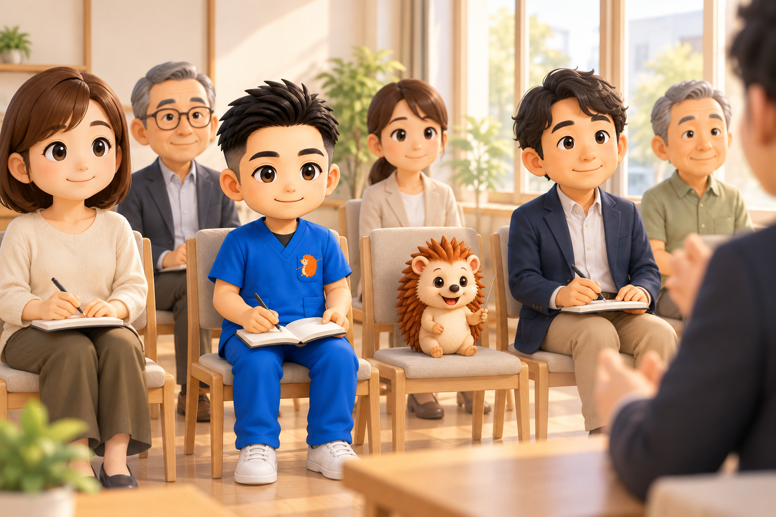 地域の集まりで、地元の経営者たちと並んで話を聞いているところ