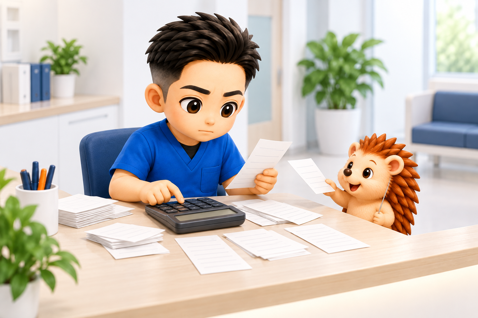 受付で電卓とレシートを前に経費を数える院長とハリーちゃん