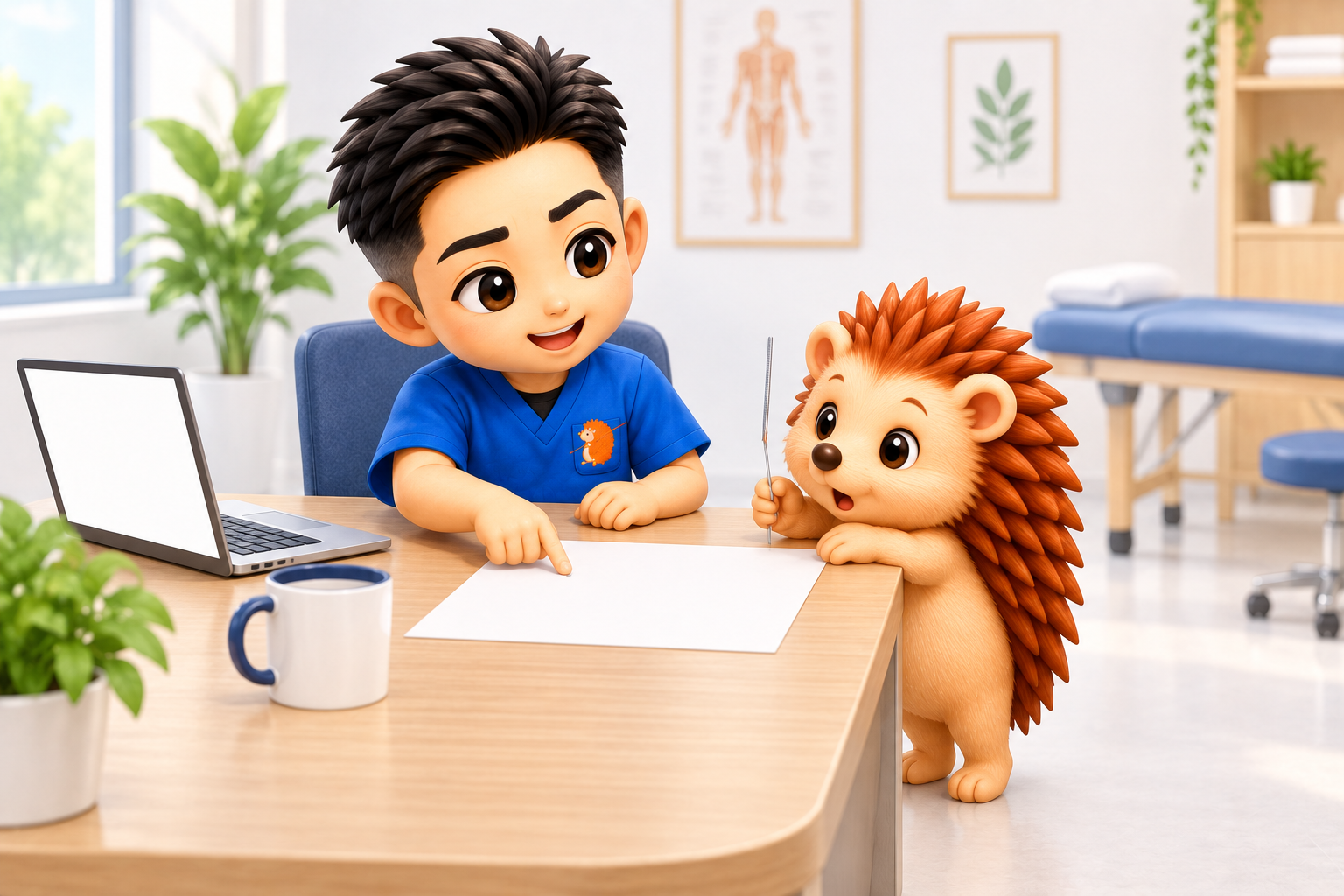 確定申告の書類を前に、控除の欄を指さす院長とハリーちゃん
