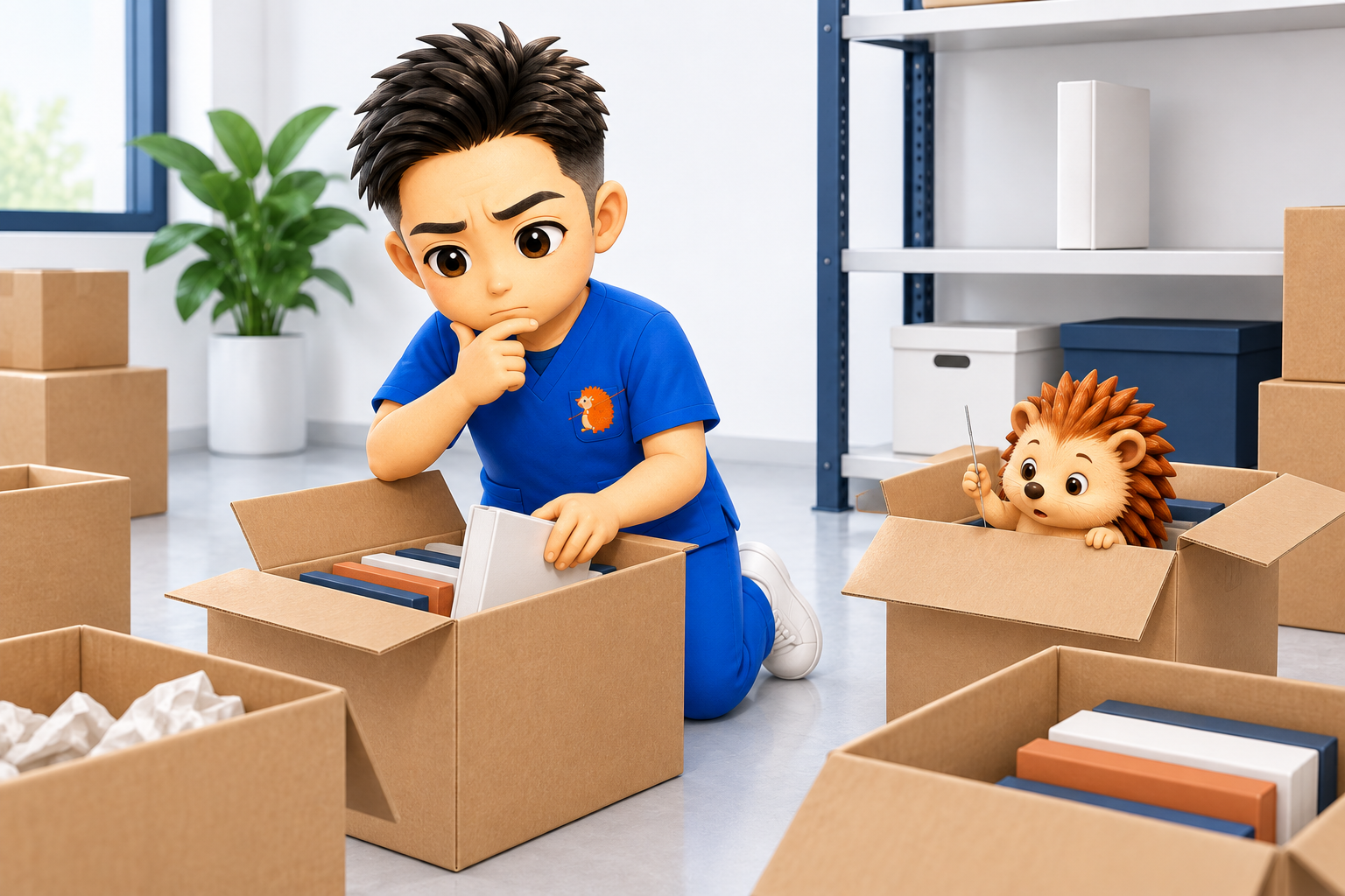 段ボールの中から教科書を探すちび院長とハリーちゃん