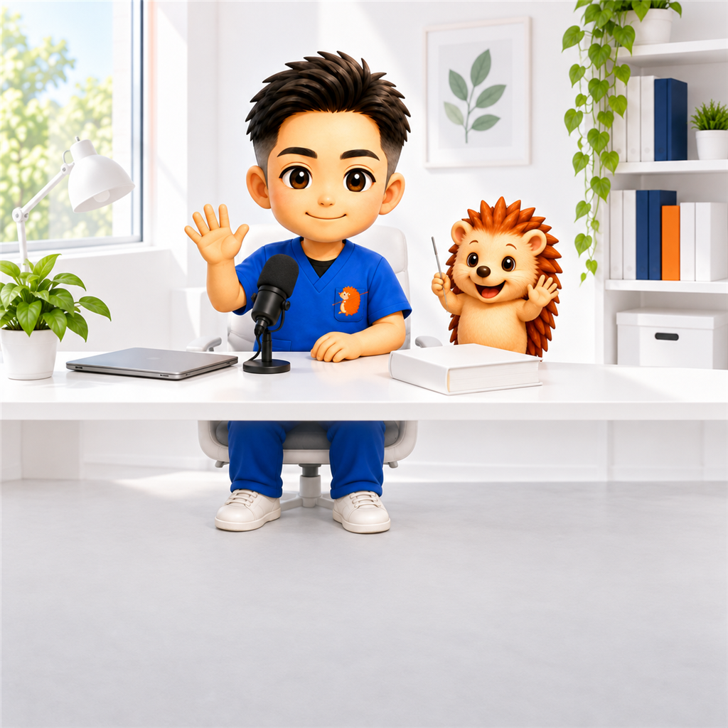 マイクの前で手を振るちび院長とハリーちゃん
