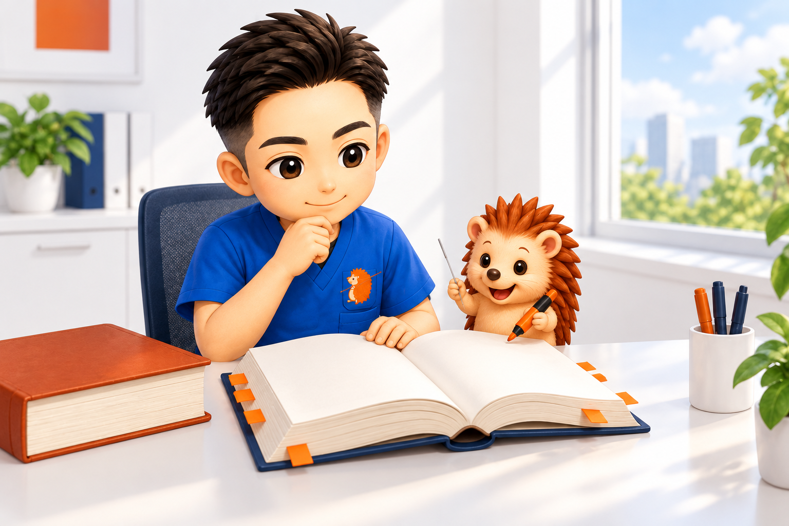 付箋を貼った教科書を読むちび院長と、蛍光ペンを持つハリーちゃん