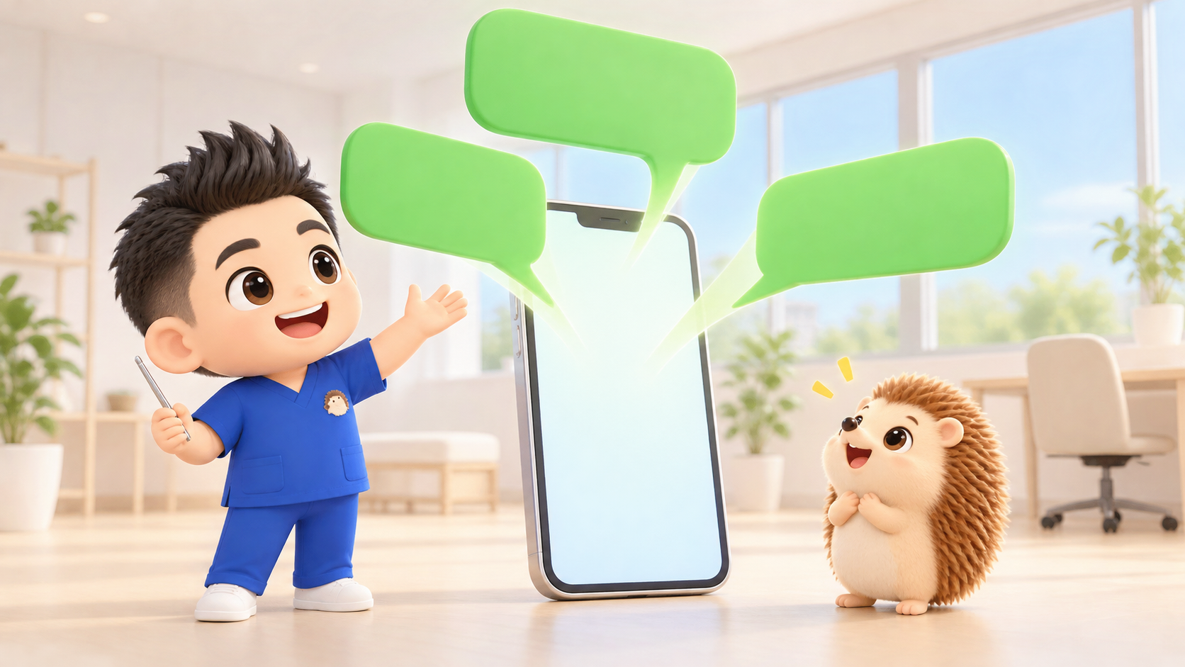 ちび院長のスマートフォンから、吹き出しが3方向に分かれて飛んでいく。一人ひとりに違うメッセージが届くイメージ
