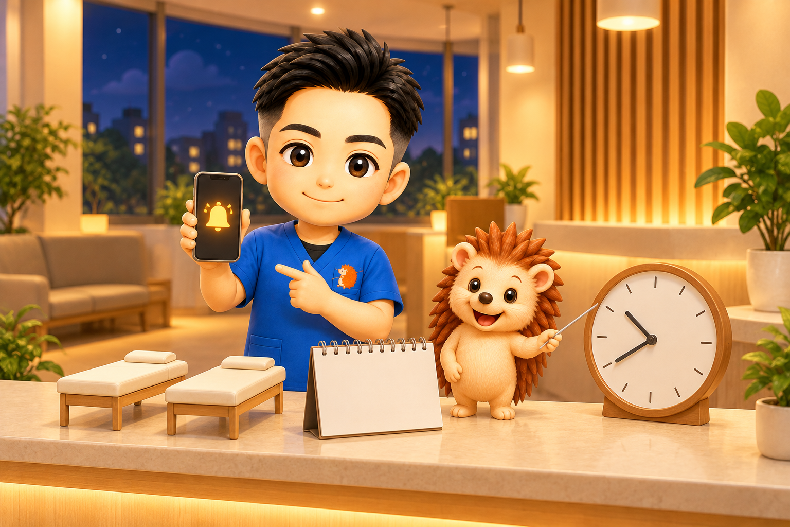 夜の受付カウンターで、ちび院長がスマートフォンを掲げ、ベルのアイコンが光っている。前日のリマインドのイメージ