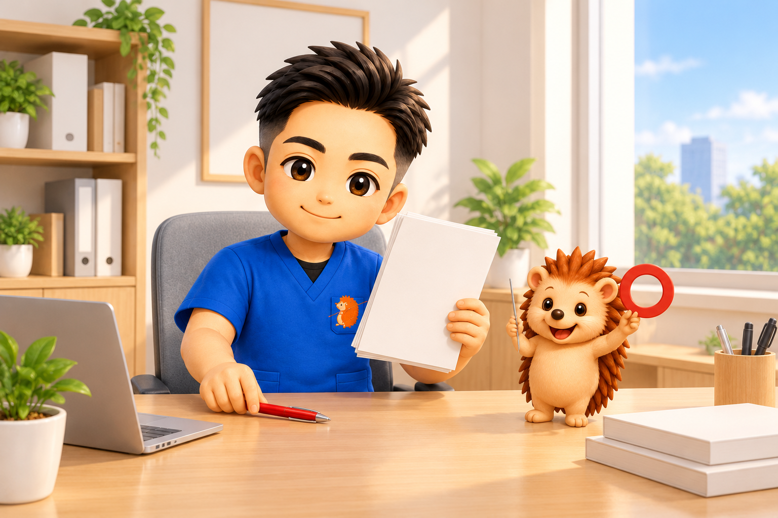 ちび院長が原稿を手に赤ペンを置いて満足そうにうなずき、ハリーちゃんが丸のマークを掲げている