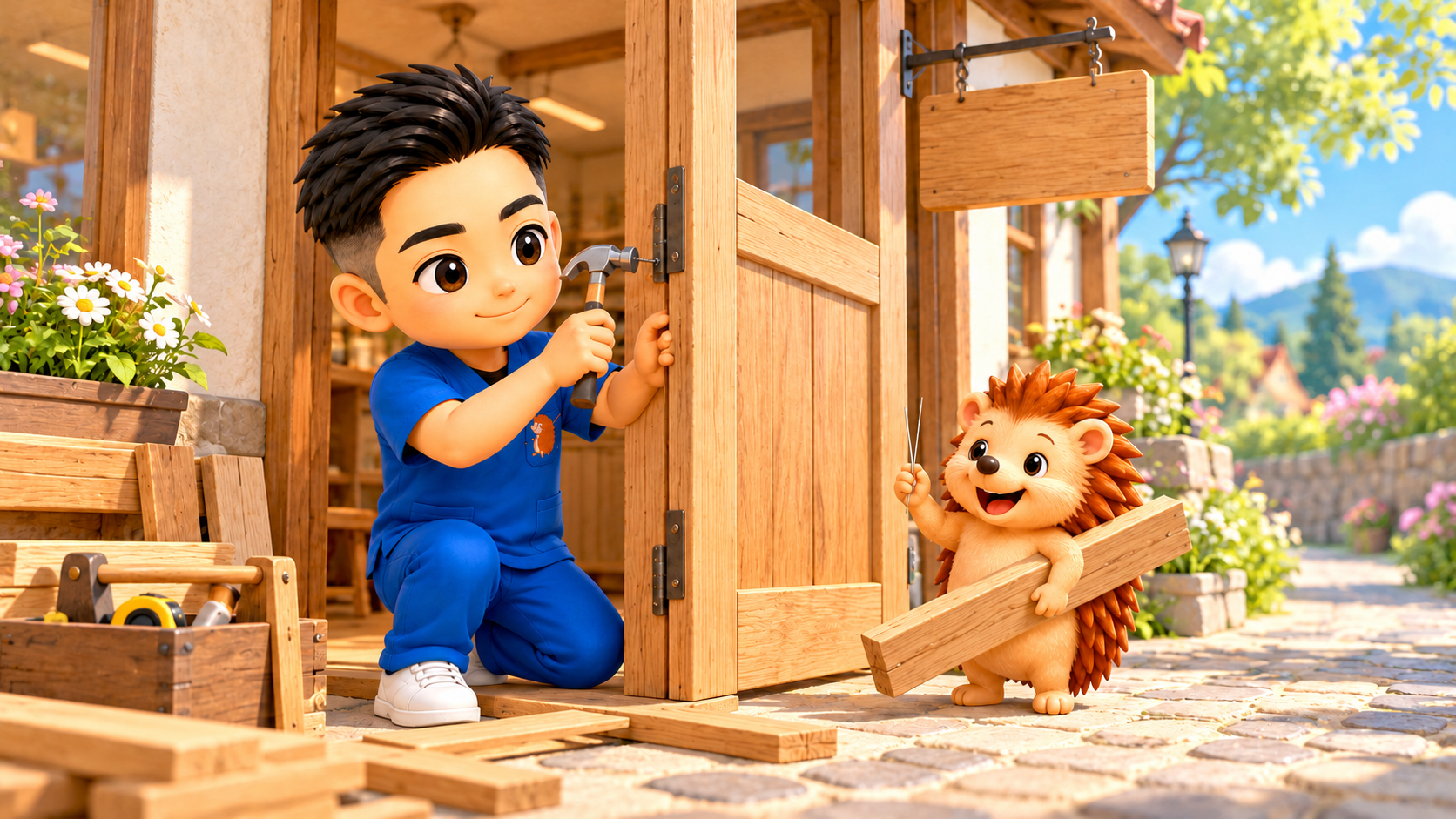 作りかけの小さなお店の扉を組み立てるちび院長と、木の板を運ぶハリーちゃん