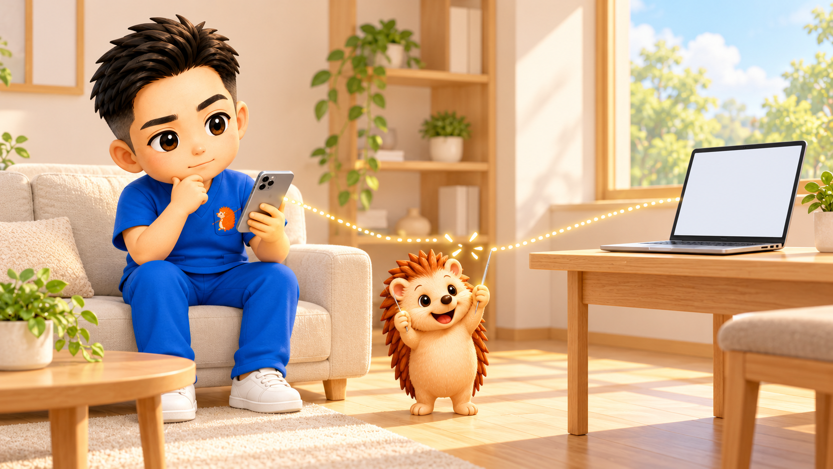 スマートフォンを持って首をかしげるちび院長と、途切れた光の糸をつなごうとするハリーちゃん