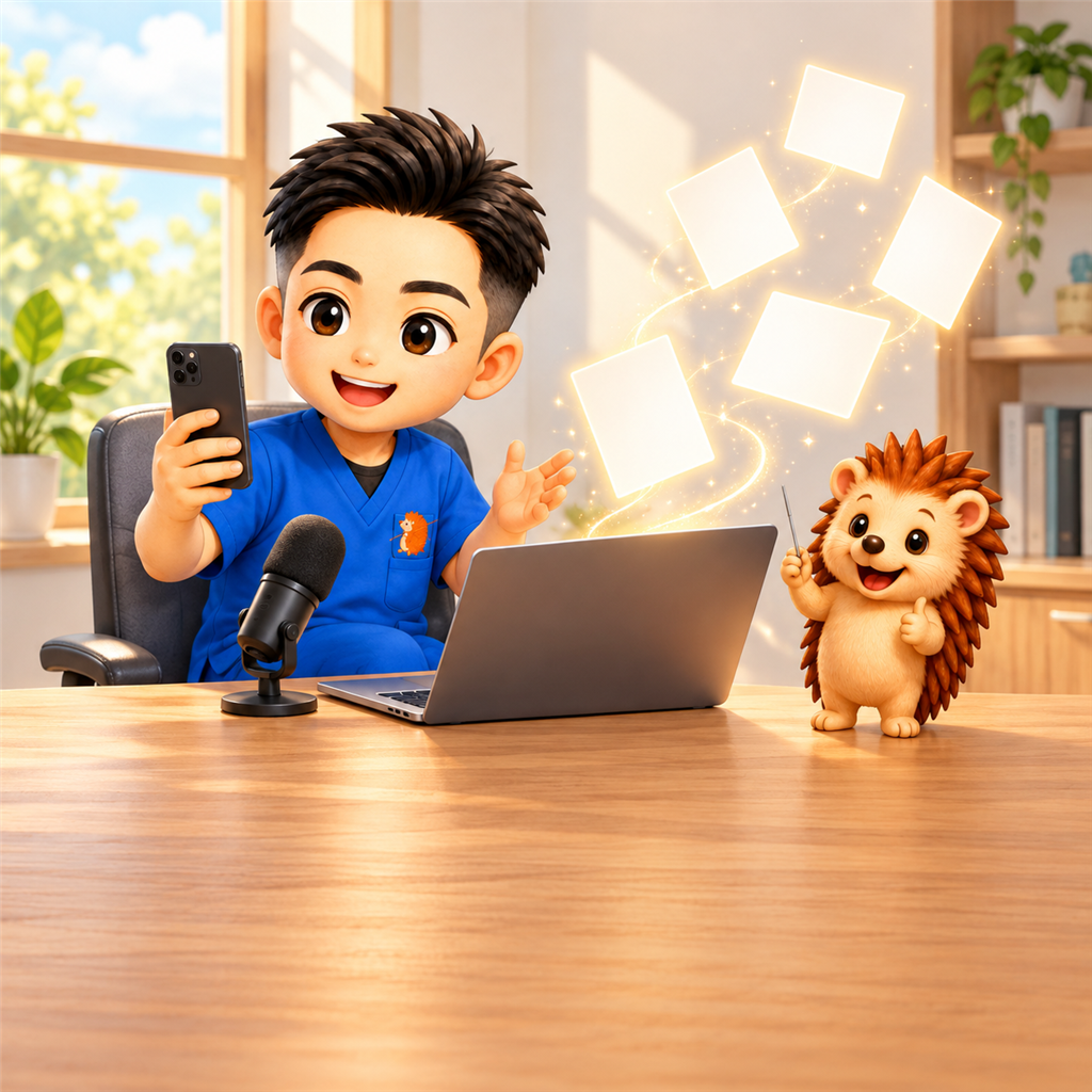 スマートフォンに話しかけるちび院長と、ノートパソコンから飛び立つ無地のカード、親指を立てるハリーちゃん