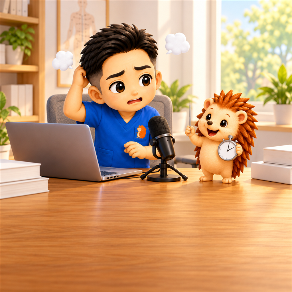 マイクに向かって話そうとして口ごもるちび院長と、ストップウォッチを持って首をかしげるハリーちゃん