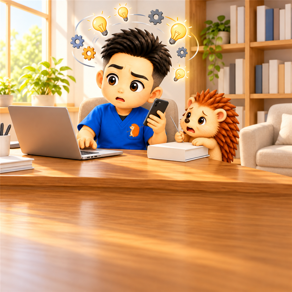 ノートパソコンとスマートフォンを同時に操作して目が回っているちび院長と、閉じたままの本を抱えて心配そうに見上げるハリーちゃん