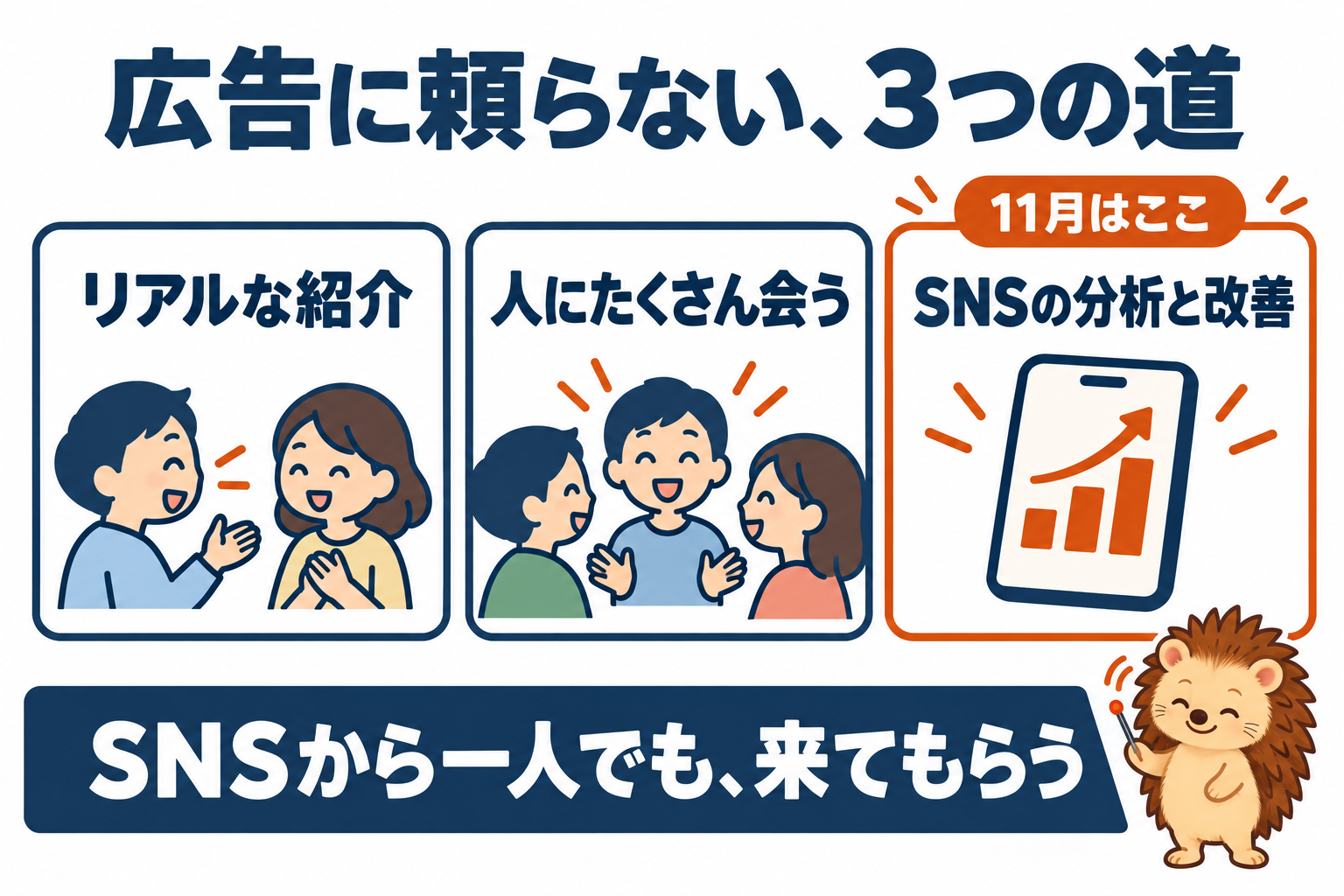 広告に頼らない、3つの道。リアルな紹介・人にたくさん会う・SNSの分析と改善(11月はここ)。SNSから一人でも、来てもらう