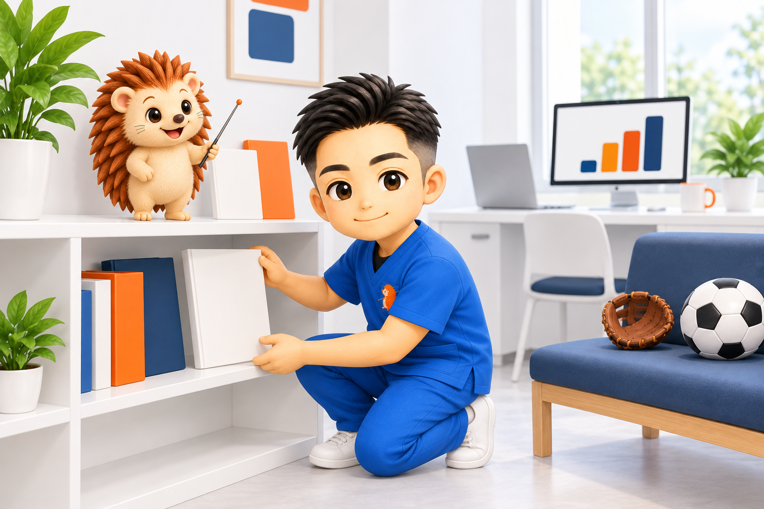 土曜の朝の院の待合で、ちび院長が低い本棚に子ども向けの本を表紙を見せて並べている。そばのベンチに野球のグローブとサッカーボール。ハリーちゃんが棚の上で鍼を持っている
