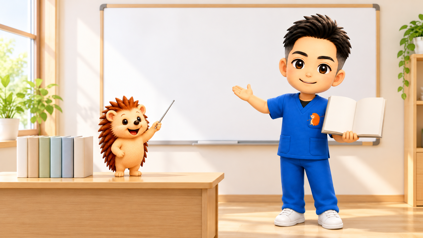 教室風の部屋で、ちび院長が本を開いて解説し、ハリーちゃんが鍼でホワイトボードを指している。教卓の横に本が6冊並んでいる