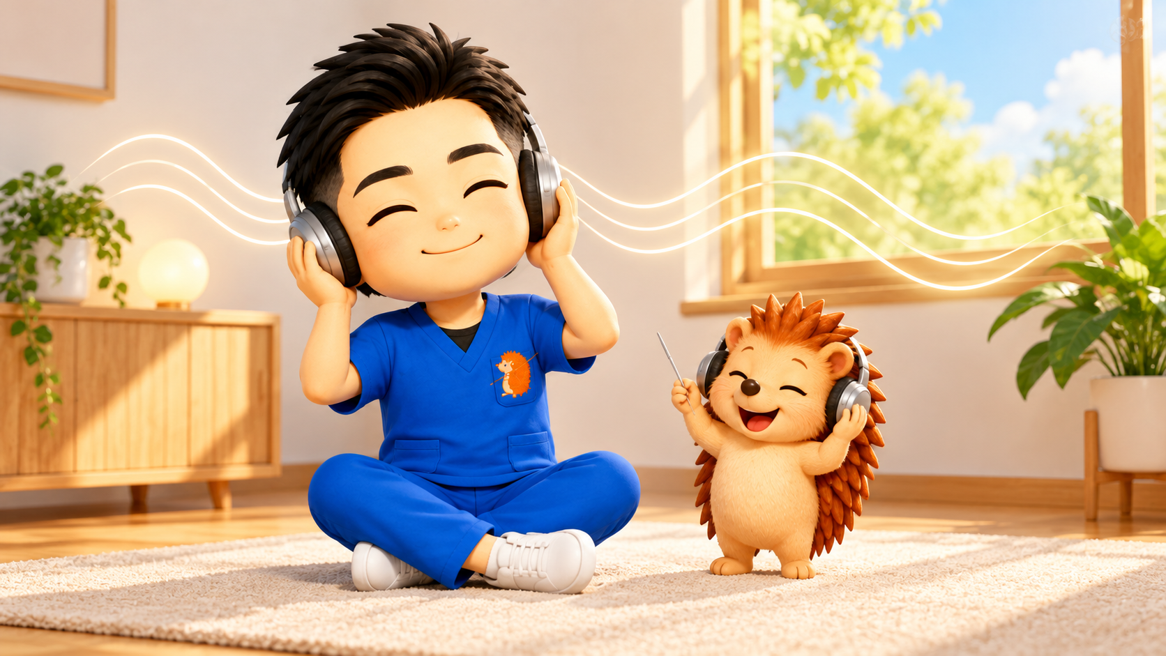 ちび院長がヘッドホンをつけて目を閉じ、なめらかな音に聞き入って微笑み、隣でハリーちゃんも小さなヘッドホンでうっとりしている