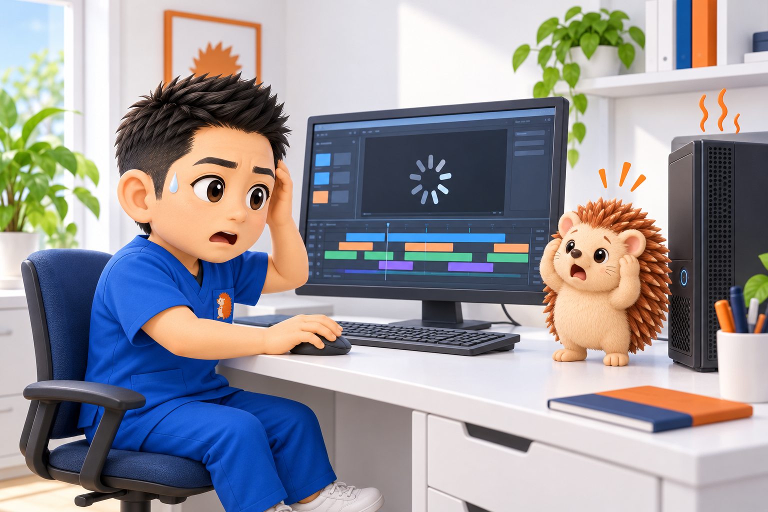 動画編集の画面が固まり、ちび院長がマウスを握ったまま固まっている。ハリーちゃんが頭を抱えている