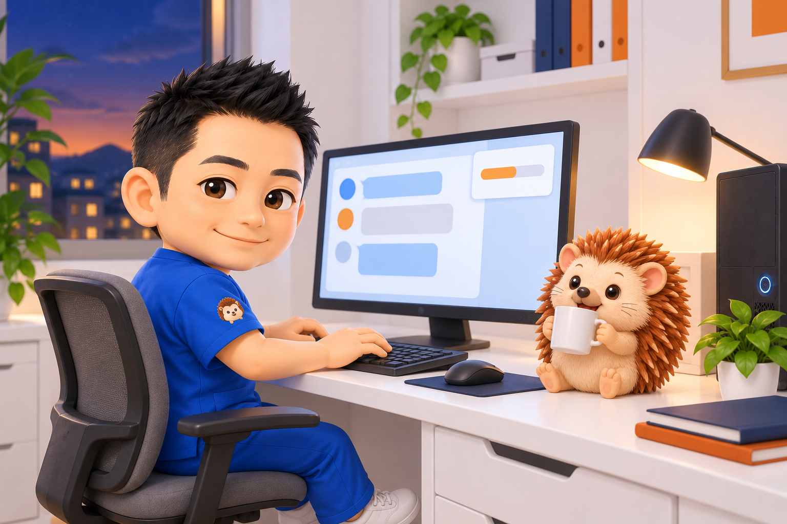 長尺動画の書き出しを裏で回しながら、ちび院長がチャットをサクサク打っている。ハリーちゃんはマグカップでひと休み