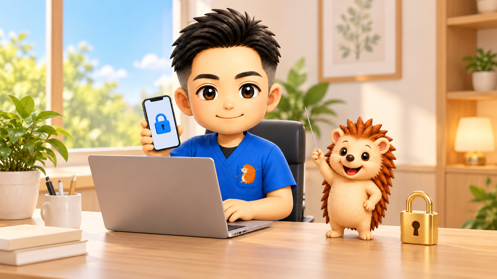 ちび院長がスマートフォンで二段階認証を確かめて安心した笑顔を見せ、机の上でハリーちゃんが鍼を旗のように掲げて胸を張っている