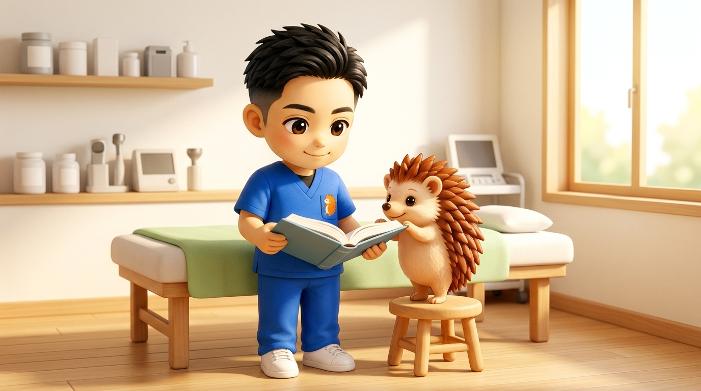 施術ベッドの横で、ちび院長が教科書を開いて読み直している。ハリーちゃんが横からのぞき込んでいる